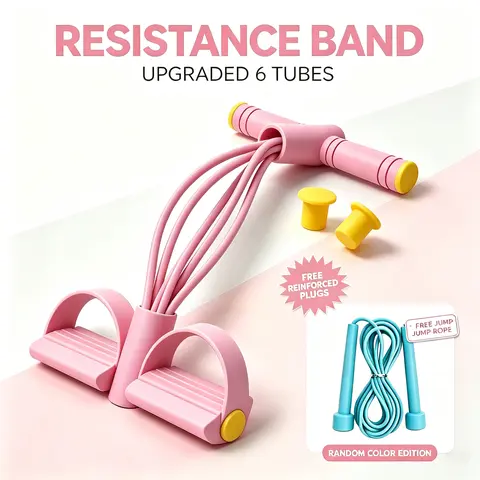 Unisex 2-Piece Natural Rubber Fitness Combination Kit with Detachable Design - 6 Elastic Tubes, Foot Pedals, Hand Grip Jump Rope, Arm Stretching Bands, Abdomen Stretching Tools for Home/Dormitory Full-Body Strength Training Adult Workout Equipment