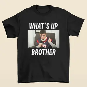 Sketch Streamer "What's Up Brother" T-Shirt Highlighting Playful and Funny Style women