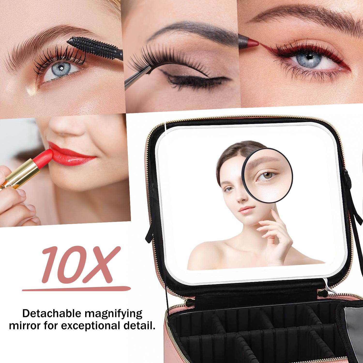 Travel Makeup Bag with Mirror & Light | Portable Cosmetic Organizer with Adjustable Dividers and Brush Storage