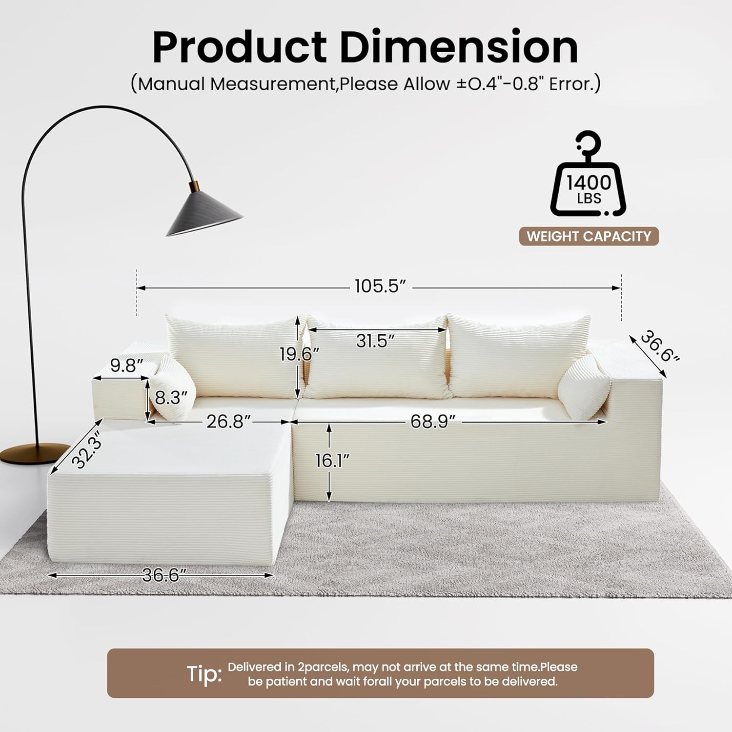 【Grusign】106" Cloud Sectional Boneless Couches for Living Room, Modular U&L Shaped Couch with Deep Seat Oversized Chaise, Memory Foam Compressed Spineless 3 Seater Sofa for Bedroom Apartmen 【Grusign】106" Cloud Sectional Boneless Couches for Living Room, Modular U&L Shaped Couch with Deep Seat Oversized Chaise, Memory Foam Compressed Spineless 3 Seater Sofa for Bedroom Apartmen