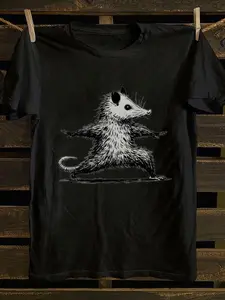 Vintage Men's Printed T-Shirt- Eye-catching Black T-Shirt with White Possum Yoga Pose Pattern, Fashionable Casual Crew Neck Cotton T-Shirt, Suitable for Daily Wear- Perfect Gift for Christmas and New Year Celebrations,