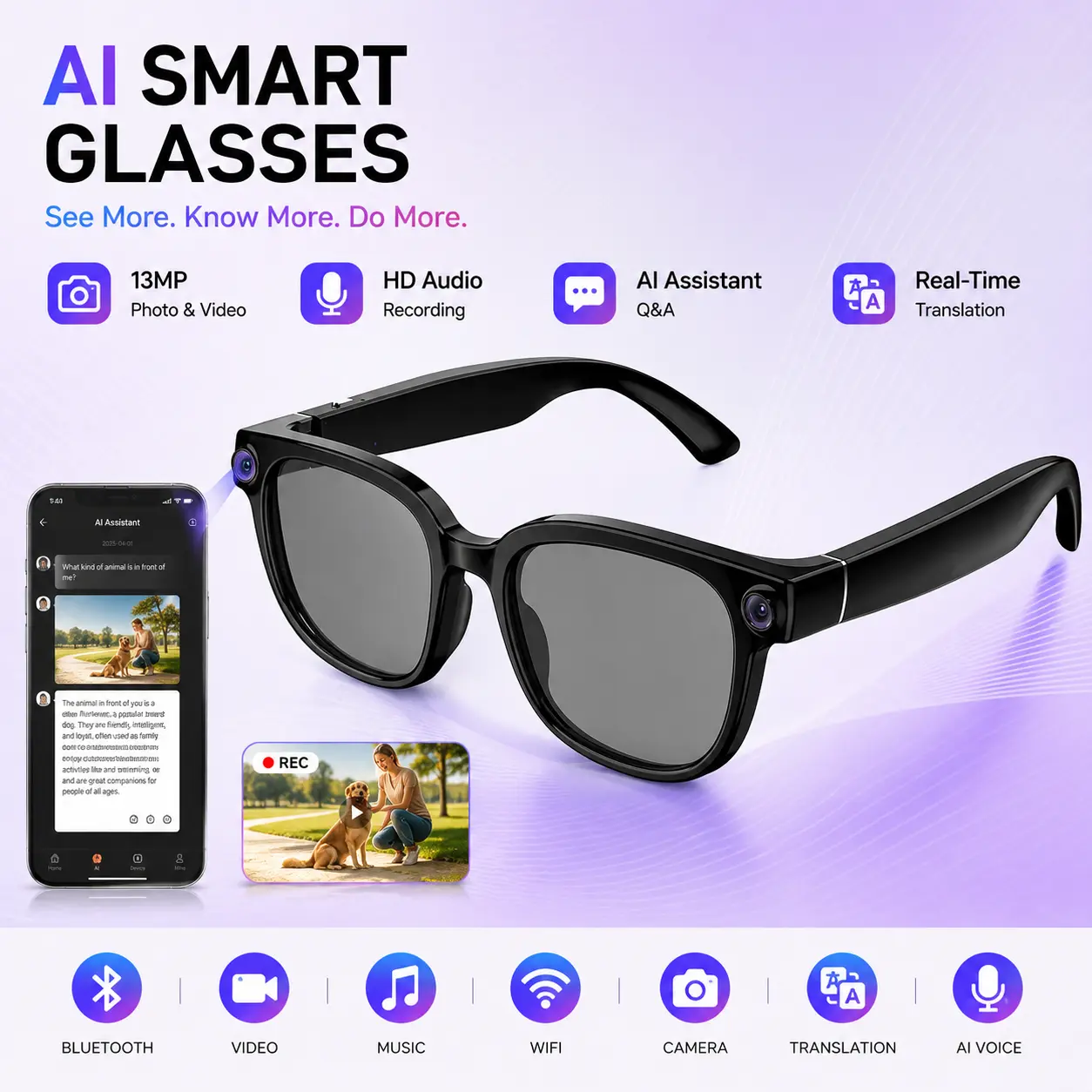 AI Smart Camera Glasses with 13MP Camera &4K Video Recording,AI Object Recognition & AI Chat, Real-Time Multi-Language Translation, Photo & Video Capture,First person perspective video shooting,Wearable Bluetooth Glasses for Travel,Outdoor,iPhone &Android