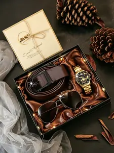 5pcs Men's Gift Set, Quartz Watch + Belt + Glasses + Greeting Card, Perfect for Birthday, Father's Day, Valentine's Day, Christmas