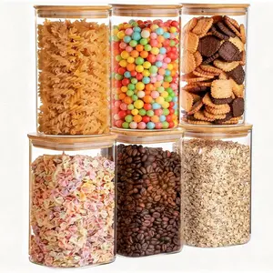 6-Pack Jars Set (3 Square + 3 Round), 37oz Airtight Clear Canisters with Bamboo Lids, Stackable Pantry Containers for Flour, Sugar, Rice, Pasta, Nuts, Candy & Spice Organization