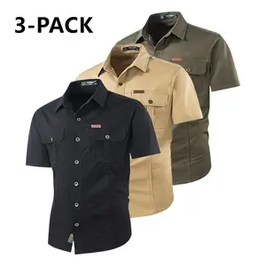 3-pack — Men’s outdoor multi-pocket workwear short-sleeve shirt, 100% cotton, comfortable and breathable; minimalist solid-color street casual men’s top suitable for summer hiking, fishing, camping, outdoor cycling, and everyday casual wear.
