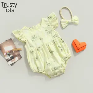 Trusty Tots Baby Romper with Hairband, Kids Floral Print Round Neck Fly Sleeve Bodysuit+ Headband for Summer, Blue/Yellow, 0-24 Months  summer outfit, spongy, cool, soft fabric