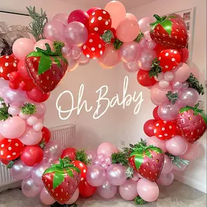 128pcs Strawberry Party Decoration Balloon Garland Arch Kit - Red Light Pink Orange Balloons Strawberry Foil Balloons - For Sweet Girl's First Birthday, Wedding, Anniversary, Engagement Parties - Perfect Party Supplies