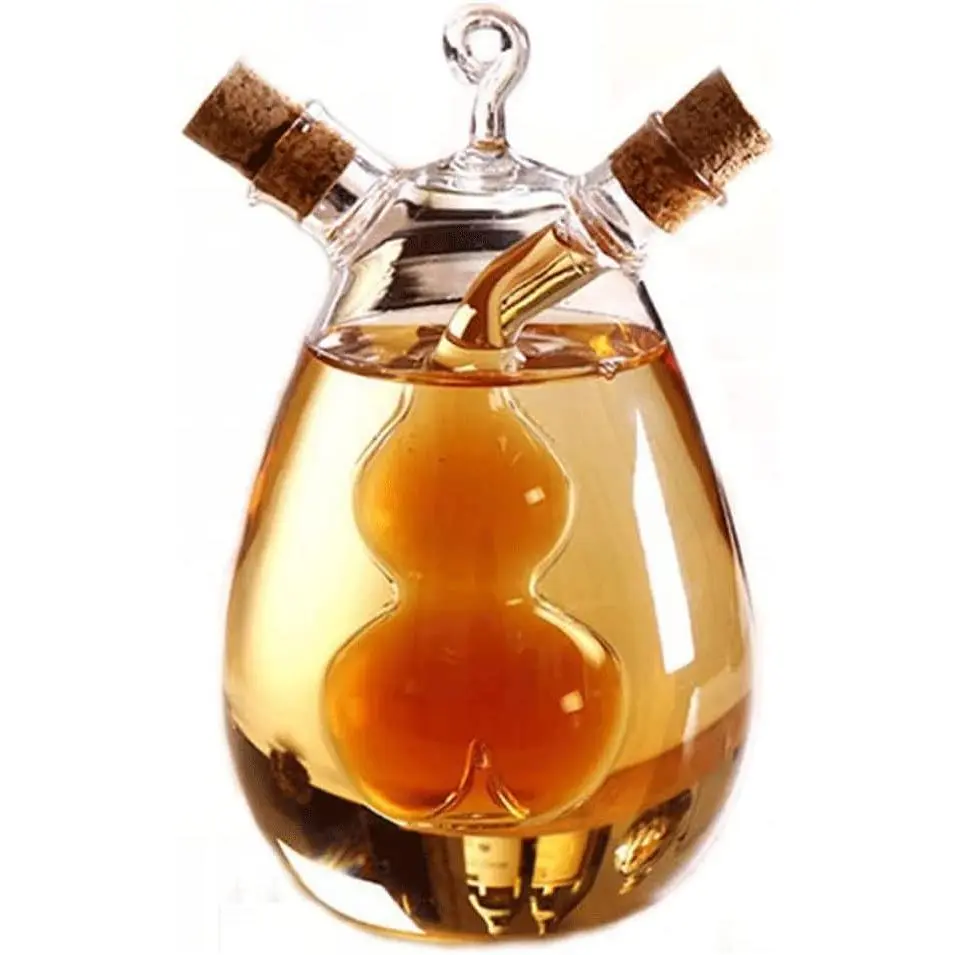 2 in 1 Oil and Vinegar Dispenser Cruet Bottle, Kitchen Supplies Glass Olive Oil and Balsamic Vinegar Cruet Bottle with Cork Stoppers, Hand-blown Glass Jar (Gourd Shape)