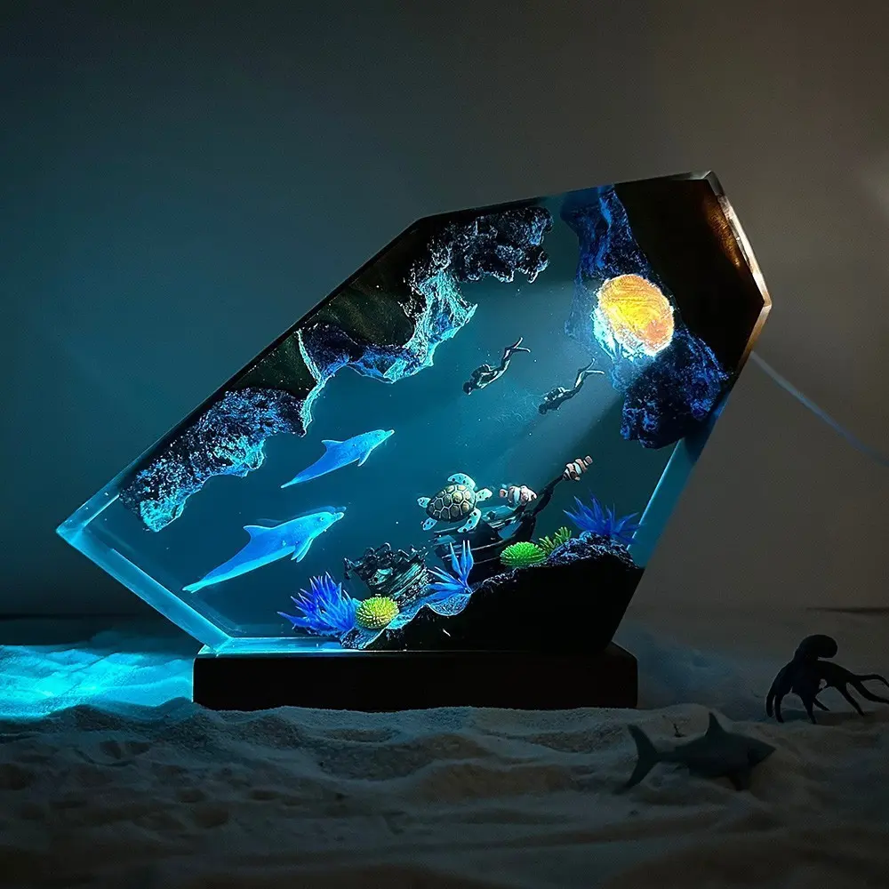 Oceanic Whale Diver Resin Wood Lamp Night Light Decorative Ornament, Dual-Use Christmas Creative Gift, Unique Home Decor Accessory