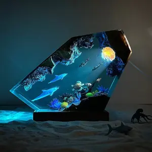 Oceanic Whale Diver Resin Wood Lamp Night Light Decorative Ornament, Dual-Use Christmas Creative Gift, Unique Home Decor Accessory
