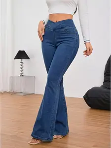 Women's Cross-Waist Flare Jeans, High-Waisted Comfortable Stretch Denim Bottoms for Everyday Casual Streetwear