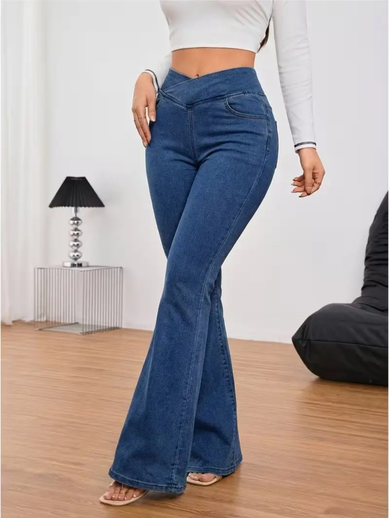 Women's Cross-Waist Flare Jeans, High-Waisted Comfortable Stretch Denim Bottoms for Everyday Casual Streetwear