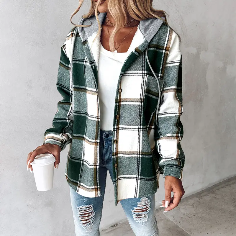 ChicMe Women's Plaid Pattern Long Sleeve Shacket Button Down Fleece Lined Hooded Jackets Warm Coat Casual Womenswear Comfort Outdoor Soft Winter Tops