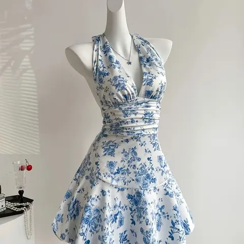Women's Floral Print Halter Dress with Tie Back, Elegant Summer Casual Wear, Stylish Party Dresses, Comfortable and Chic Design, Womenswear