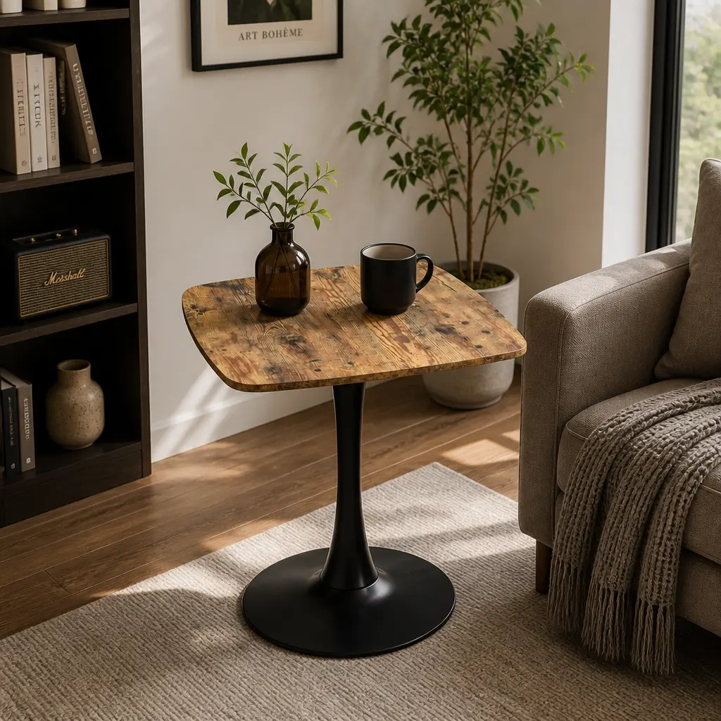 24-Inch Square Tulip Dining Table with MDF Top and Matte Black Metal Pedestal Base, Mid-Century Modern Bistro Table for Kitchen, Small Spaces, Living Room, Cafe – Antique Brown