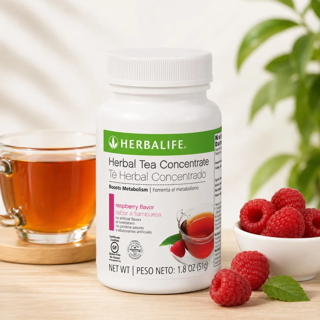 Herbalife Sugar-Free Raspberry Flavor Herbal Tea Concentrate Powder Mix - Green Tea, Orange Pekoe Extracts, Smooth Fruity Taste, All Ages, 1.8 oz (51g) Bottle