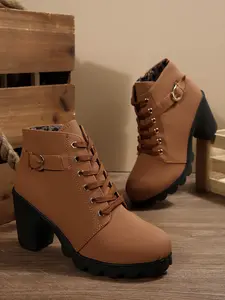 Women's Chunky Heel Thick Heeled Boots Low Top Round Toe Lace-Up Single Boot Leather Buckle Elevator Short Boots