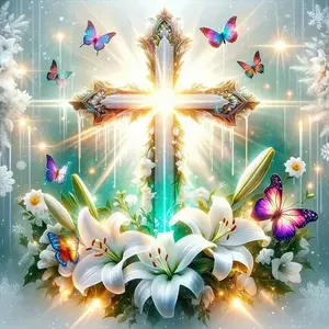 5D Full Drill Diamond Painting Kit, Sparkling Christian Cross Art, White Lily Butterfly Decor, Diamond Pattern Design, Crystal Rhinestone Embroidery Mural, Religious Wall Art For Believers, Art & Craft Enthusiasts, Home Decor, Diy Diamond Art