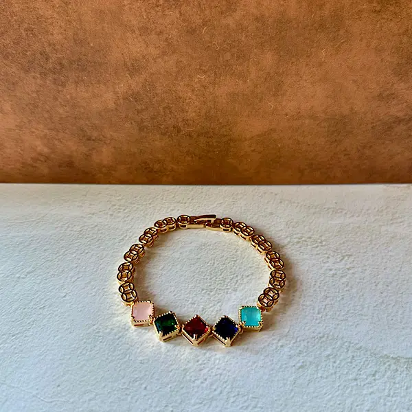 Women's Gold-Plated Multicolor Semiprecious Gemstone Bracelet - Princess Cut Rainbow Crystal Fortune Coin Charm, Vintage Lucky Prosperity Jewelry, Birthday Gift