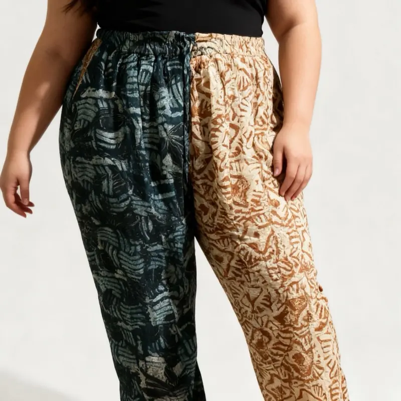 Women's Plus Size African Print Adire Crepe Tie-Dye Jogger Pants - Teal and Light Brown, Ethnic Large-Body Crepe Fabric Womenswear Bottoms, Crepe Fabric Pants, Ethnic Pants