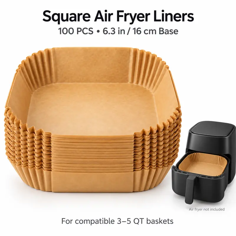 100 Pieces Square Air Fryer Paper Liners - Kitchenware, 6.3-in or 8-in Base Options, Brown Disposable Parchment Liners with Raised Sides, Waterproof, Ideal for Family & Holidays, Catches Grease & Crumbs for Easier Cleanup