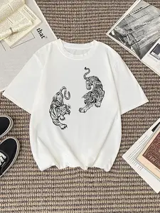 Women's Tiger Print Round Neck Tee, Casual Short Sleeve Crew Neck T-shirt for Daily Wear, Ladies Clothes for All Seasons