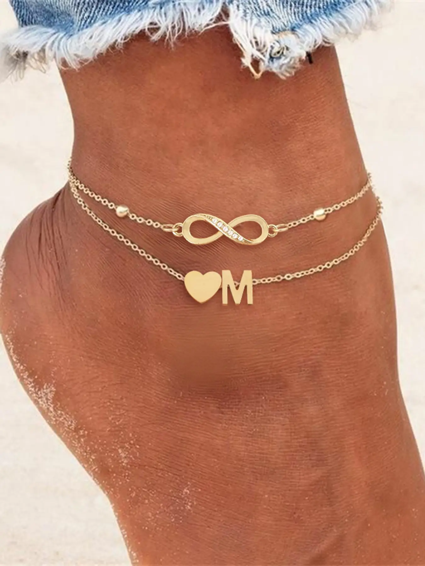 Women's Heart Initial Infinity Symbol Anklet Set, Foot Jewelry, Stainless Steel Multi-Layer Chain, Casual Fashion Jewelry for All Seasons, Personalized Jewelry Gift