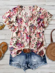 Women's Floral Leaf Edge Top, V-Neck Short Sleeve Shirt Blouse, Stylish and Chic Design, Perfect for Casual Wear, Ideal for Daily