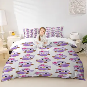 2/3Pcs Cute Cartoon Owl Duvet Cover Set, Adorable Lavender Owl Pattern Bedding Set,Playful Floral Accents, Ideal for Childrens' Bedrooms and Whimsical Decor!, Includes 1 or 2 Pillowcase - No filling/Zipper Closure