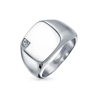 Large Square CZ Accent Monogram Initial Signet Ring Silver Tone Stainless Steel Statement Multi Ring Cubic Zirconia