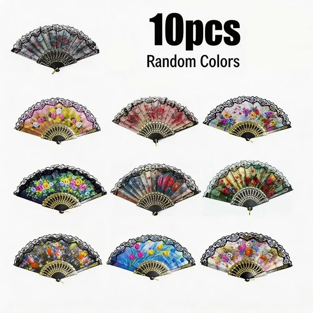 10 Pcs Printed Plastic Silk Fans, Floral Folding Fans, Wedding Hand Fans, Flower Design for Dance Parties, Performance Props, Photography Accessories, Event Decorations, Decorating, Decorations Supplies, Decoration Items, Gift