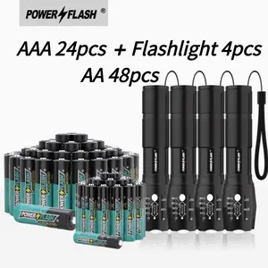 POWERFLASH 4 Pack Flashlight with 24AAA&48AA Batteries, Alkaline Batteries and Super Bright Flashlight for Outdoor Camping & Hiking, Household Use and Emergencies