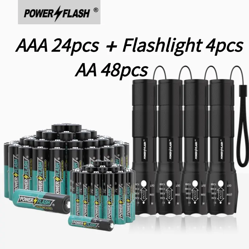 POWERFLASH 4-Pack Portable Super Bright Flashlights (Torches) with 24 AAA & 48 AA Alkaline Batteries, Outdoor Lighting for Camping, Household Use & Emergencies