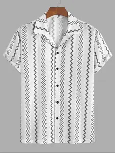 Men's Woven Jacquard Striped Cuban Collar Short Sleeve Shirt, Soft Comfortable Breathable Fabric, Casual Summer Top for Daily Wear, Casual Style Shirt