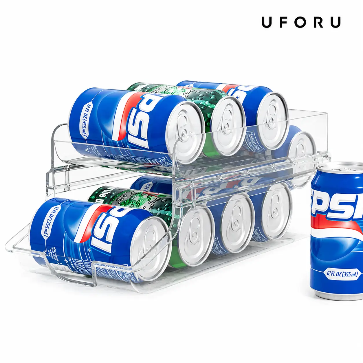 UFORU  Refrigerator can organizer for Coke cans, tilted design with automatic refilling when it rolls. Suitable for refrigerators, freezers, and more applications. Made from food-grade materials, moisture-resistant, keeps items neatly stored.