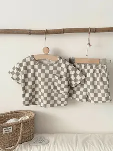 Vintage Checkered Baby Short Sleeve Set, Waffle Breathable Fabric, Classic Plaid, Loose Fit, Summer Casual Wear for Infants