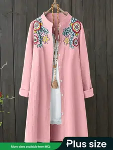 Plus Size Women's Spring & Fall New Arrival Mid-Length Woven Embroidered Open Front Shirt Blouse, Casual Fashionable Long Sleeve Top Embroidery
