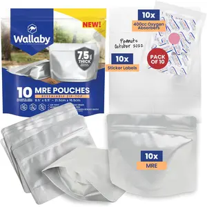 Wallaby MRE Mylar Bag Bundle with 400cc Oxygen Absorbers (10 Count) 15 Mil Total Thickness, Heat-Sealable Airtight Packaging - Silver