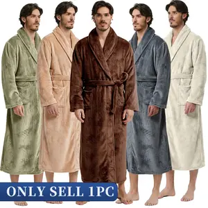 Unisex Soft Flannel Bathrobe, Long Sleeve Long Warm Home Wear with Pockets and Belt, Luxury Casual Sleepwear for Spa Hotel Home Use