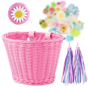 Pure Color Hand Woven Rattan Children's Bicycle Basket Stroller Basket Bicycle Accessories Bell Bicycle Basket Handlebars Colorful Tassels Imitation Rattan Woven Basket