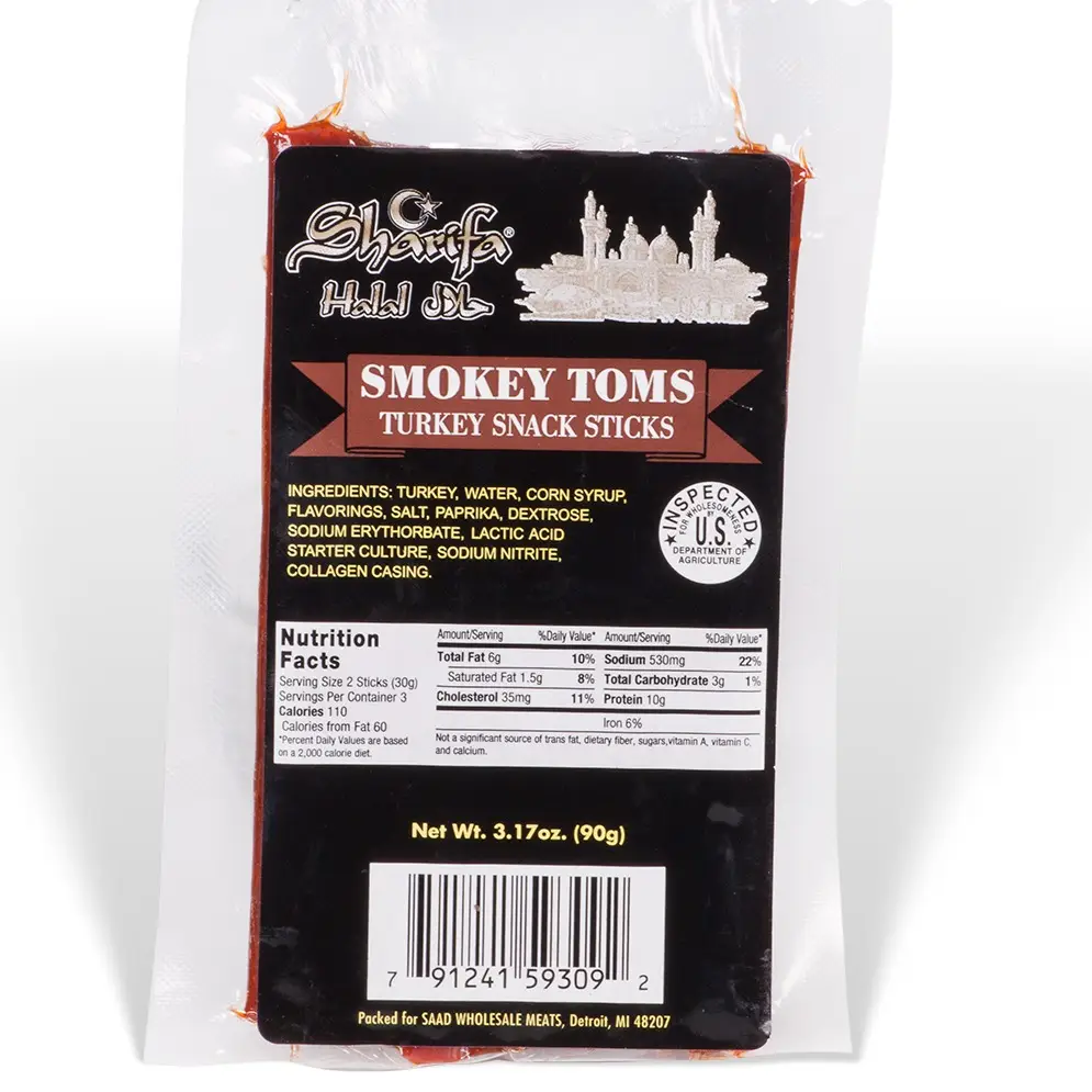 Sharifa Halal Smokey Toms Turkey Snack Sticks, (1) 3.17 oz. Package – Great Everyday Halal Turkey Snack, 100 % Real Zabihah Halal Turkey, 10g of Prote