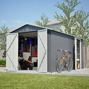 8x12 FT Outdoor Metal Shed with Floor Frame & Extra Side Door, Large Grey Garden Storage Building with 2 Lockable Access Options, Aluminum Frame Tool Shed for Backyard & Patio – Single Door or Double Door Models