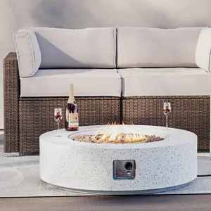 40.5-inch Outdoor Propane Fire Pit Coffee Table w Concrete Round Base Patio Heater, 50,000 BTU Stainless Steel Burner, Free Lava Rocks, Rain Cover