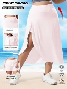 Women's Plus Size High Waist Midi Skirt, Ice Silk Fabric with Shorts, Split Design Hidden Pockets, Practical and Stylish for Outdoor Vacation Casual Wear, Active Skort Skirt