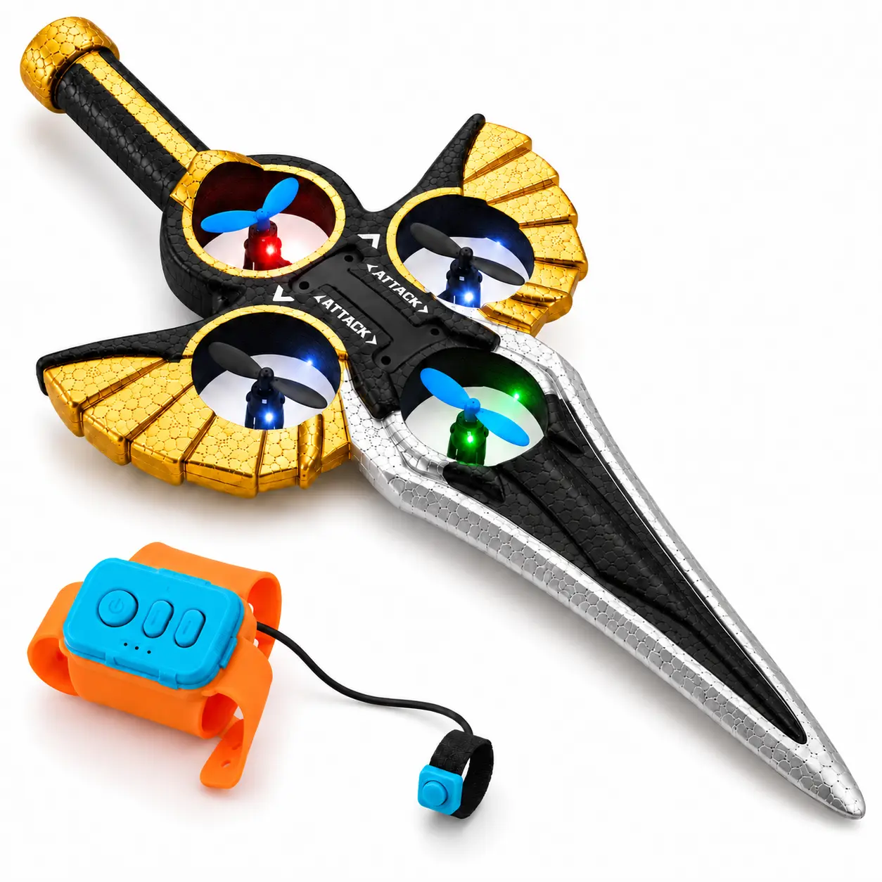 Flying Sword Drone with Gesture Control Watch, LED Lights, 360° Flips and One-Key Takeoff & Landing, Gold and Silver