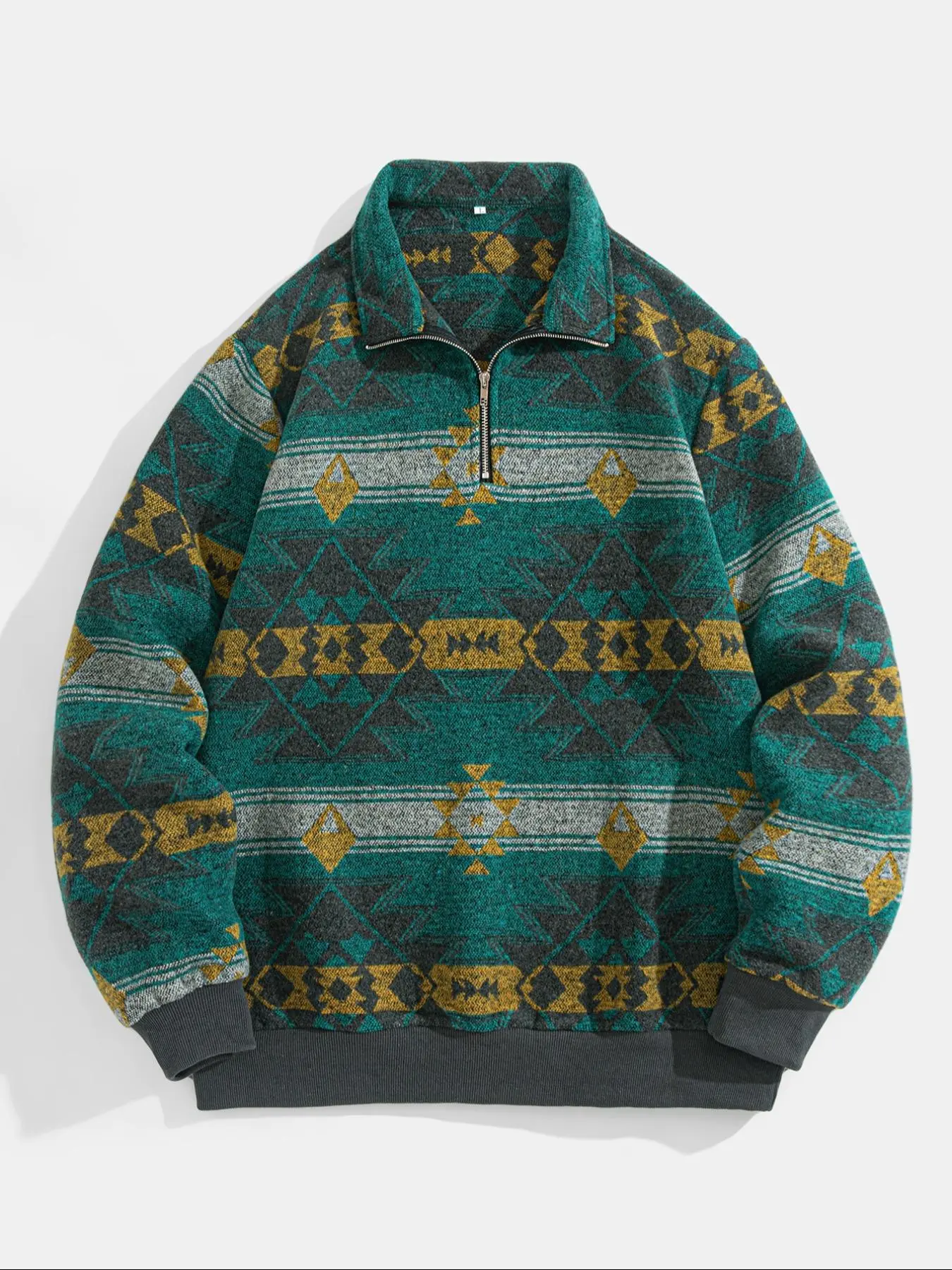Men's Ethnic Pattern Half-Zip Mock Neck Jacket, Loose Casual Long Sleeve Zip Front Outerwear for Winter, Casual Streetwear Jacket, Men's Winter Clothes for Daily Wear, Zippered Jacket, Trendy Casual Fashion