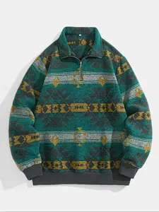 Men's Ethnic Pattern Half-Zip Mock Neck Jacket, Loose Casual Long Sleeve Zip Front Outerwear for Winter, Men's Winter Clothes for Daily Wear