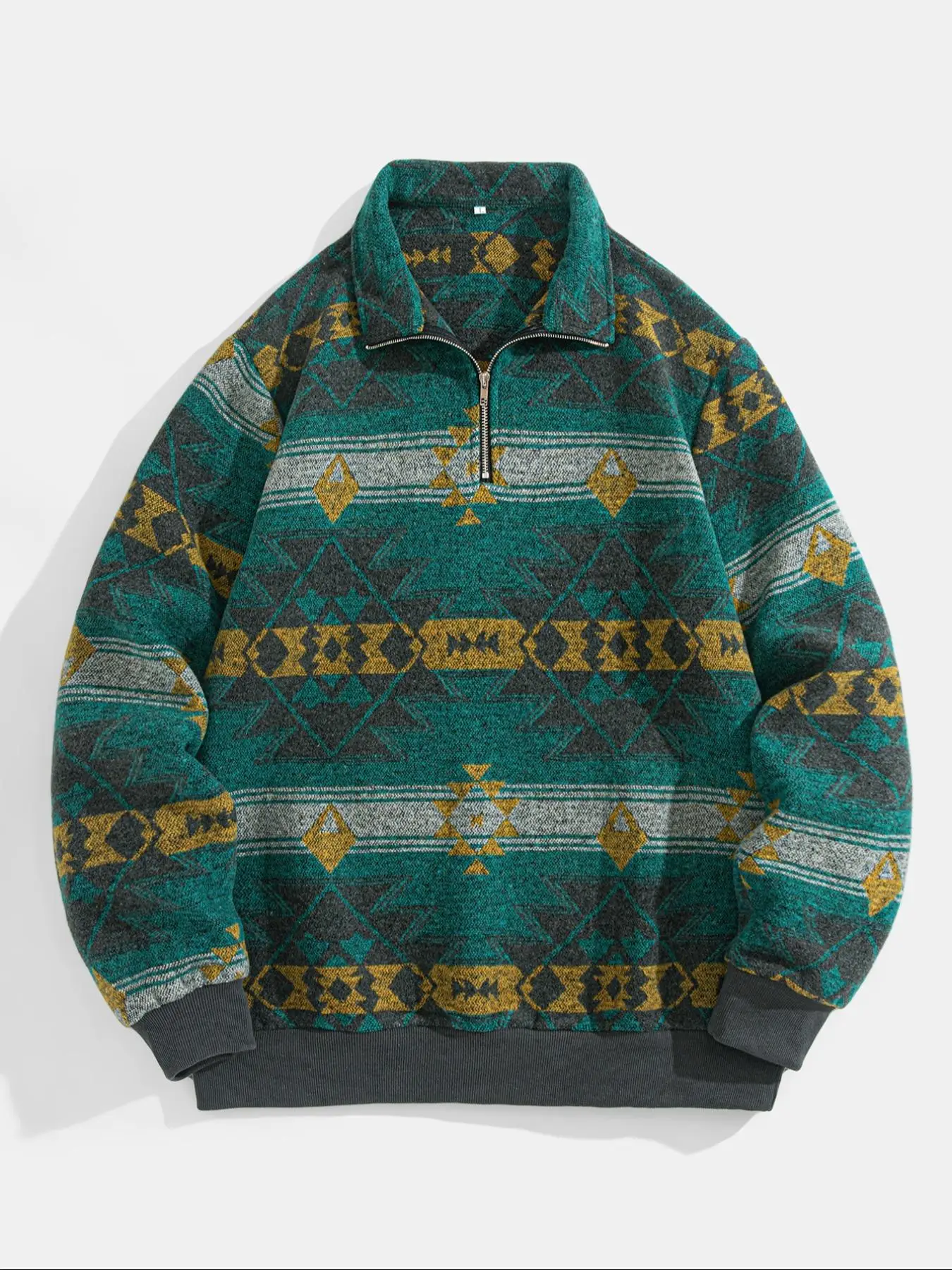 Men's Ethnic Pattern Half Zip Up Mock Neck Jacket, Loose Casual Long Sleeve Zip Front Outerwear for Winter, Men's Clothes for Daily Wear