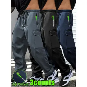 3pcs Men's Lightweight Cargo Pants with Drawstring Elastic Waist, Multiple Zipper Pockets & Large Side Pockets - Breathable Regular Fit Casual Outdoor Pants for Spring/Fall (Black/Grey)