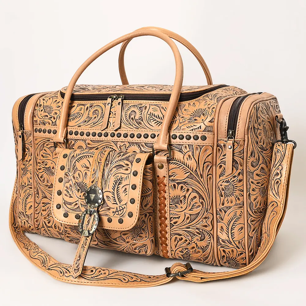 American Darling Western Travel Duffel Bag Handcrafted from Hand Tooled Genuine Leather | Floral Carved & Concho Accent Weekend Bag